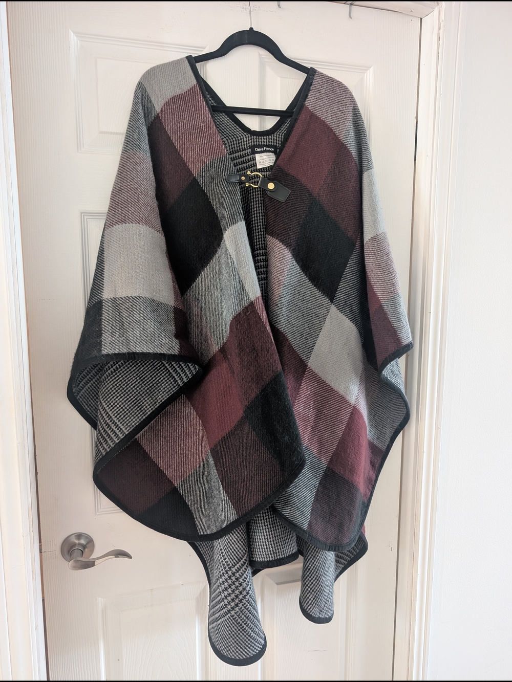 Checked Cape Poncho in Burgundy, Black & Gray - Unbranded